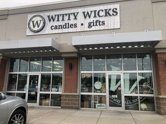 Witty Wicks gift shop at Township 5 in Camillus, New York, celebrating 15 years in business.